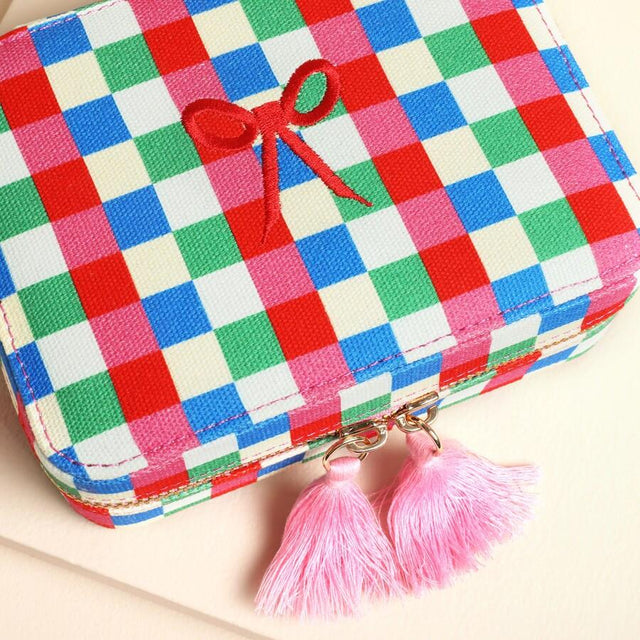 Multi Bright Checkerboard Linen Travel Jewellery Case Close Up View
