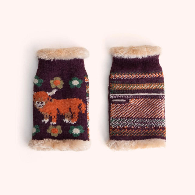 Plum Highland Cow Wrist Warmers