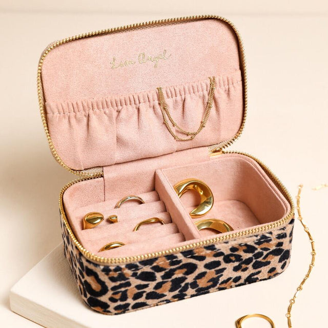 Leopard Print Velvet Rectangular Travel Jewellery Case Open 
