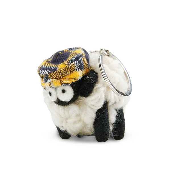 Yellow Tartan Flat Cap Sheep Keyring