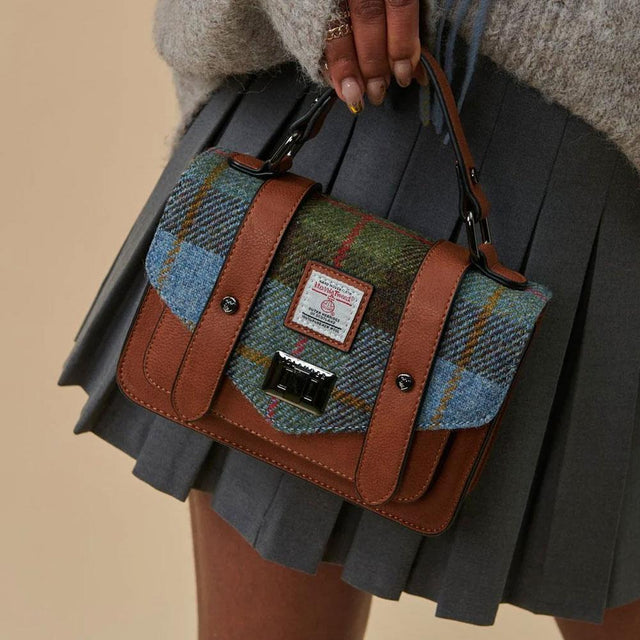 Chestnut and Blue Tartan Harris Tweed Mini Satchel on Model