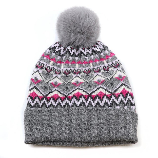Grey Mix Fairisle Hat With Faux Fur Pompom Close Up