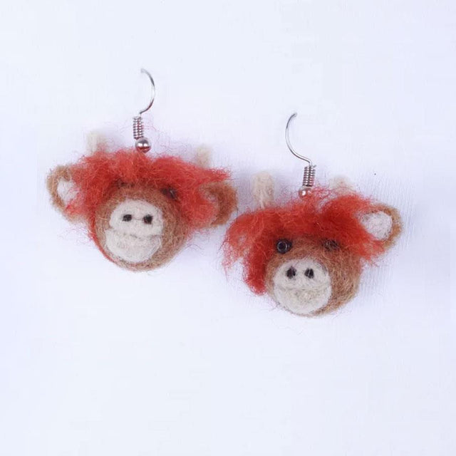 Highland Cow Wool Felt Earrings Close Up