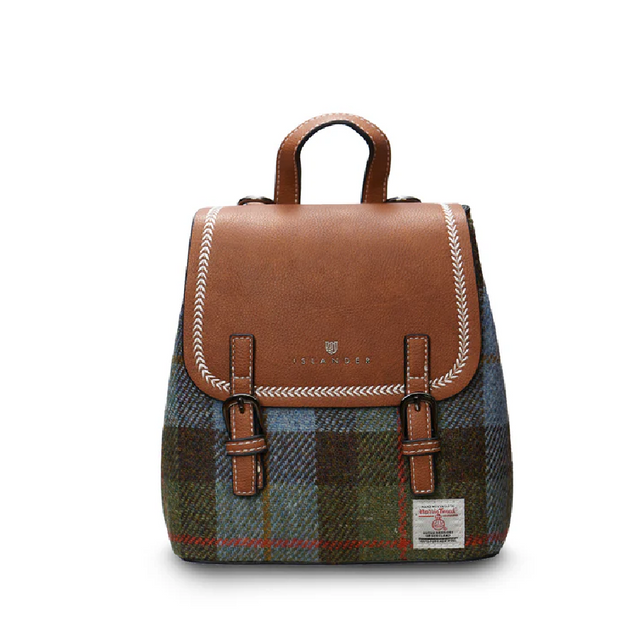 Chestnut and Blue Tartan Harris Tweed Mini Jura Backpack