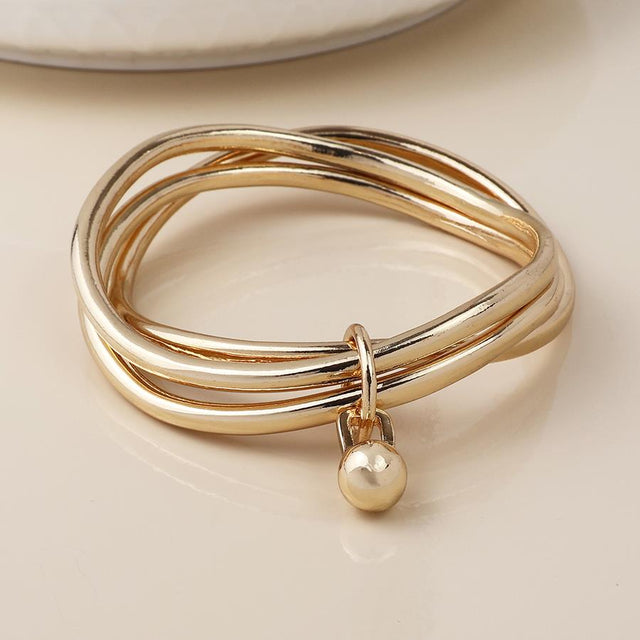 Faux Gold Triple Stacked Bangle with Ball Charm