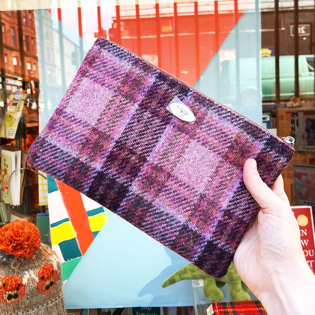 Harris Tweed Pink & Burgundy Check Berneray Zip Pouch