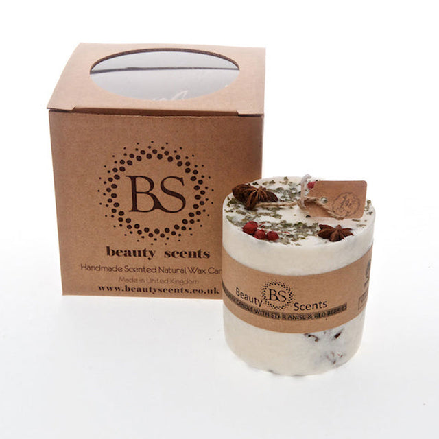 Medium Cinnamon Pillar Candle with Star Anise & Red Berries Close Up