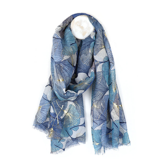 Blue Ginkgo Leaf Scarf with Gold Foil Overprint