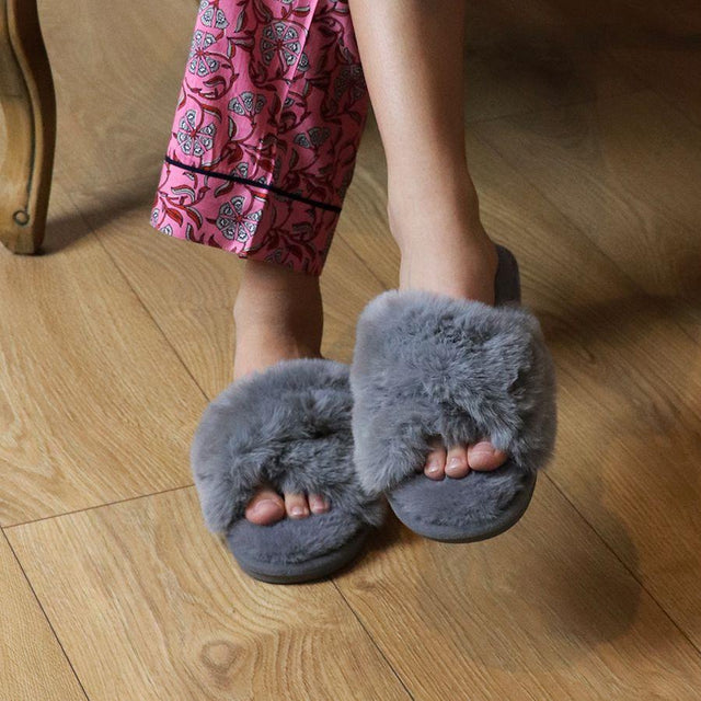 Grey Faux Fur Luxury Slippers - Medium/Large Pom Boutique