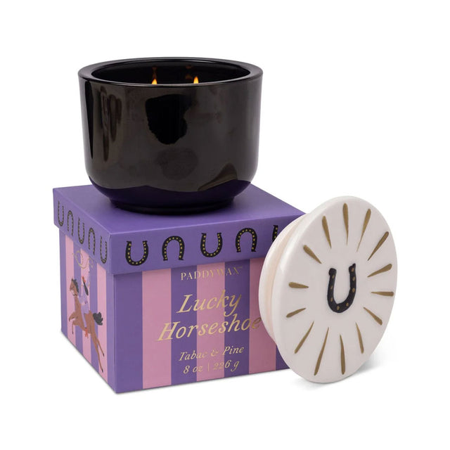 Tabac & Pine Black Glass Candle with Horseshoe Ceramic Lid
