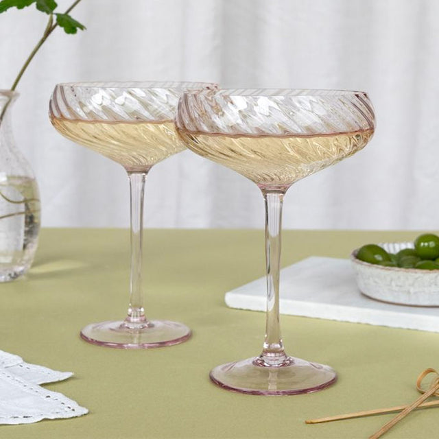 Pink Scalloped Coupe Cocktail Glasses Set in situ