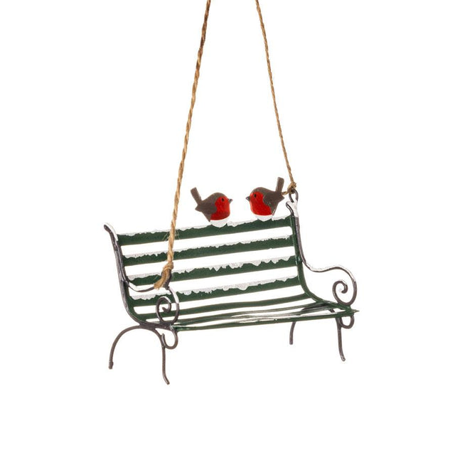 Robins on Park Bench Hanging Christmas Decoration