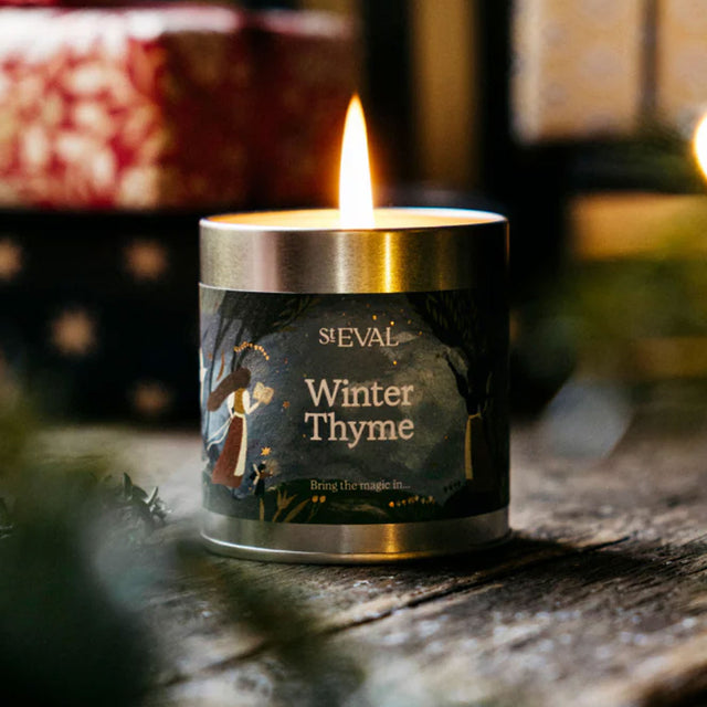 Winter Thyme Christmas Tin Candle in Situ