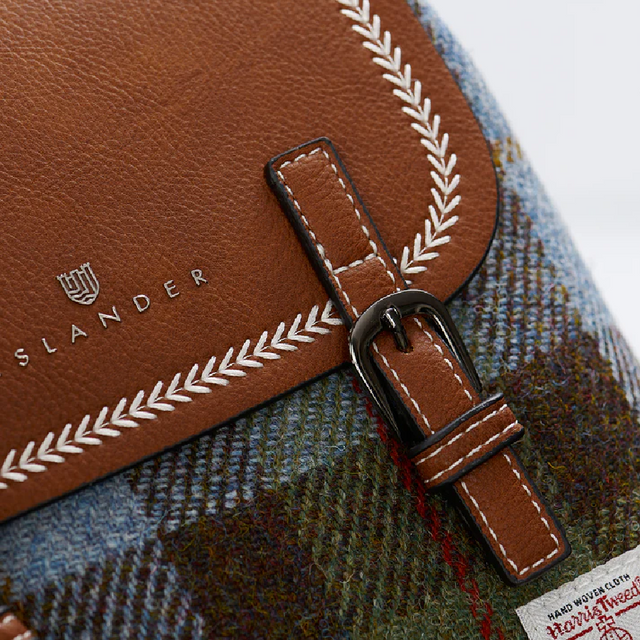 Chestnut and Blue Tartan Harris Tweed Mini Jura Backpack Close Up