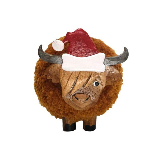 Large Highland Cow Pom Pom with Santa Hat Ornament Front Facing