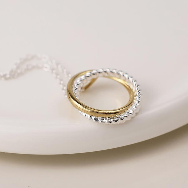 Gold and Silver Twist Double Circle Necklace Detail View