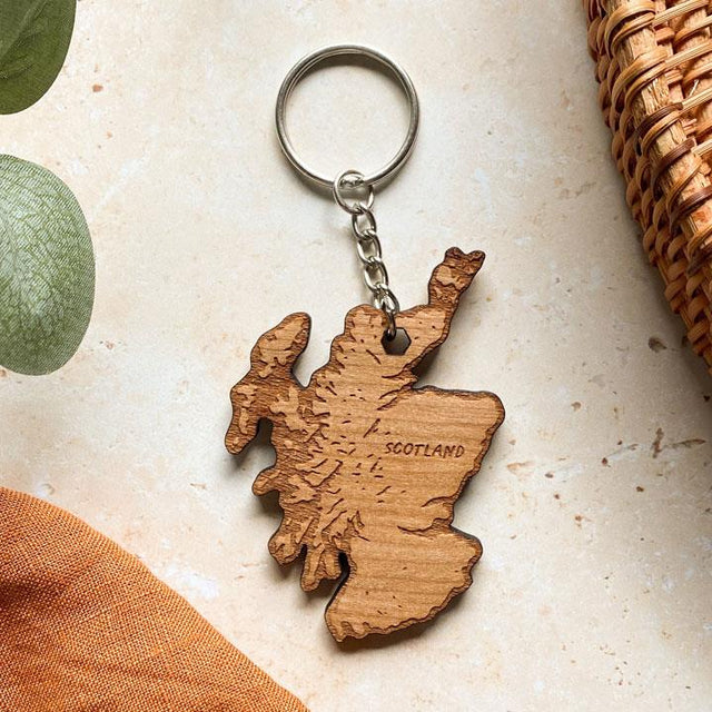 Scotland Map Wood Keyring Close Up