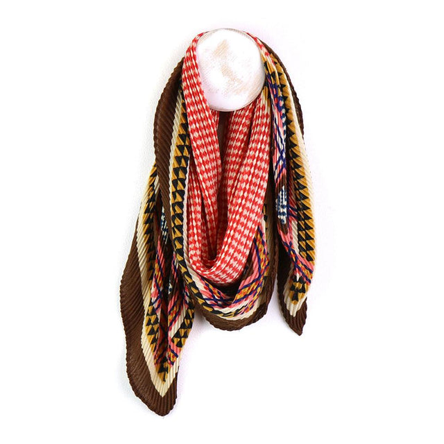 Square Brown, Coral and Mustard Crinkle Scarf
