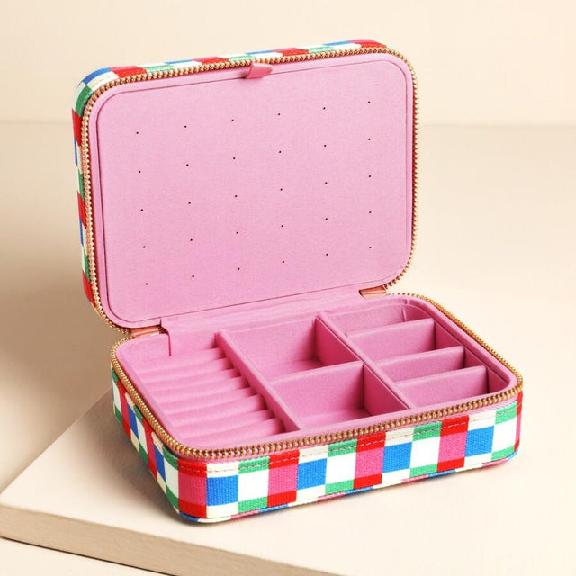 Bright Checkerboard Linen Travel Jewellery Case Open