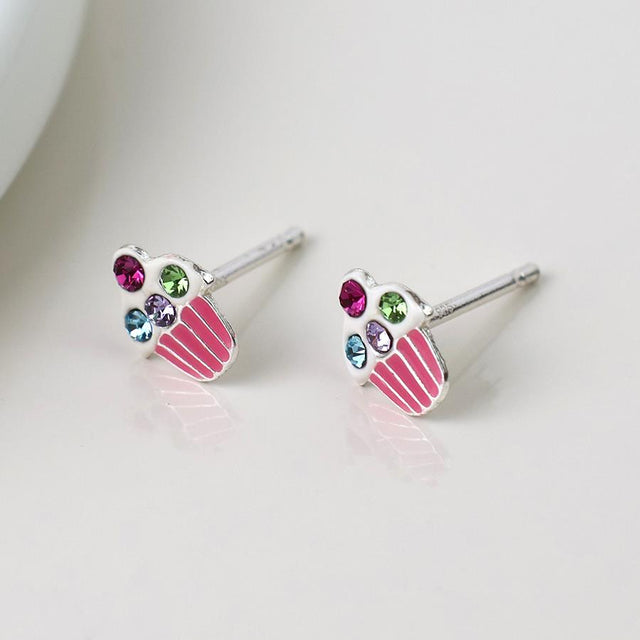 Silver Pink and Blue Cupcake Stud Earrings