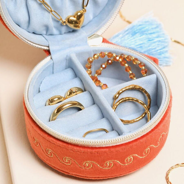 Rust Celestial Velvet Mini Round Travel Jewellery Case Close Up