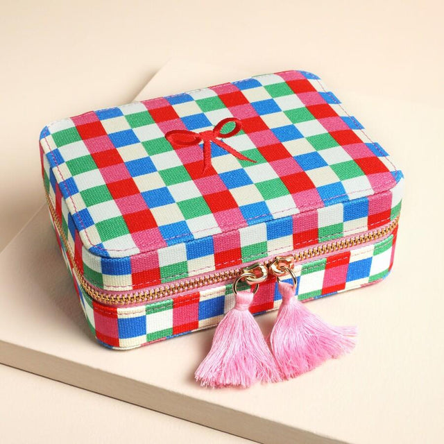 Bright Checkerboard Linen Travel Jewellery Case