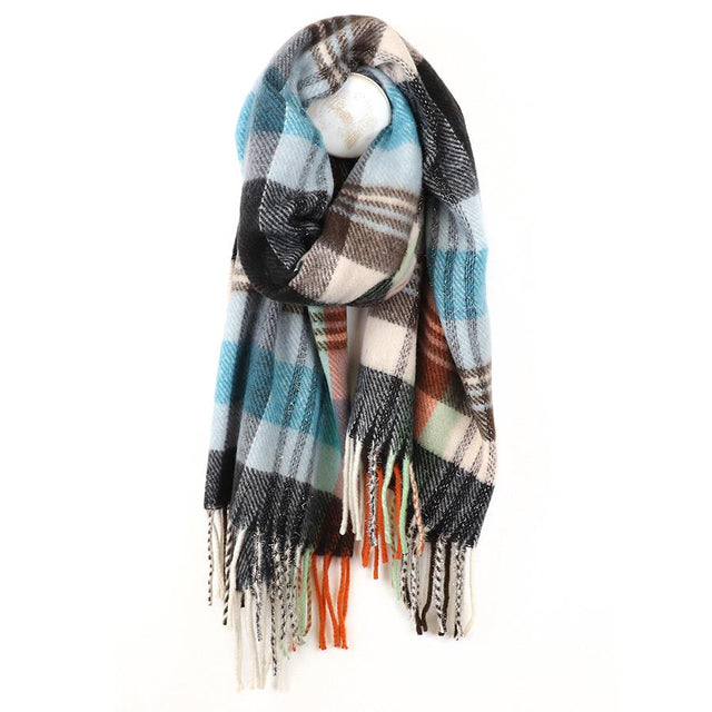 Pom Boutique Blue and Dark Grey Tartan Check Scarf with Glitter Detailing