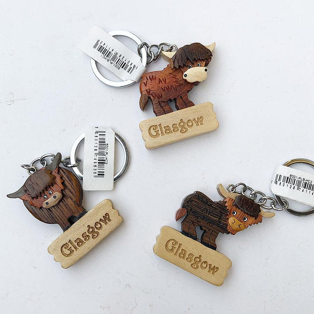 Glasgow Highland Cow Wooden Keyring