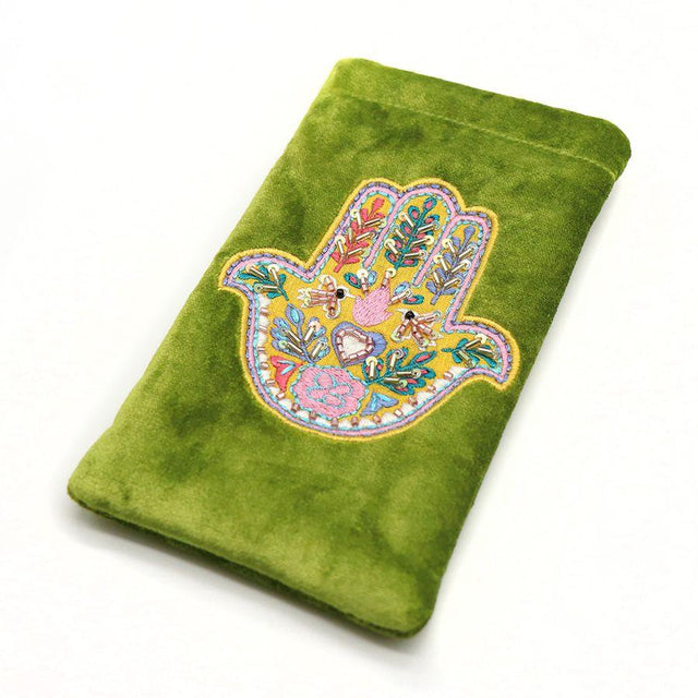 Green Embroidered Beaded Hand of Fatima Velvet Glasses Case