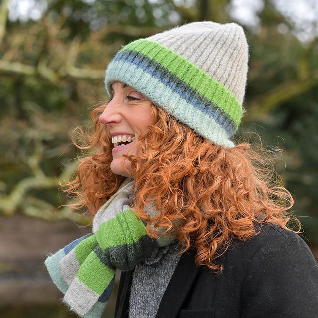 Denim, Grey and Green Striped Rib Turn Up Beanie Hat