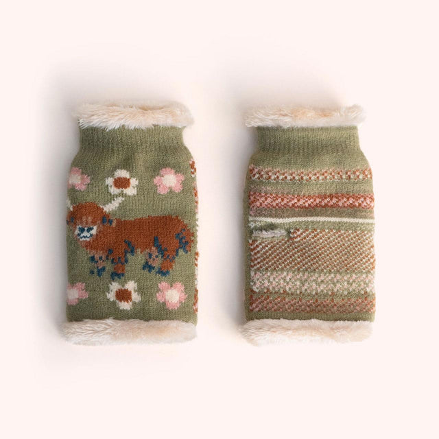 Moss Green Highland Cow Wrist Warmers Close Up
