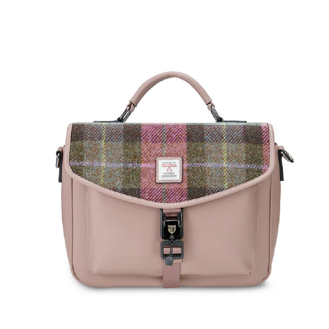 Pink and Green Tartan Harris Tweed Mini Laptop Bag Front Facing