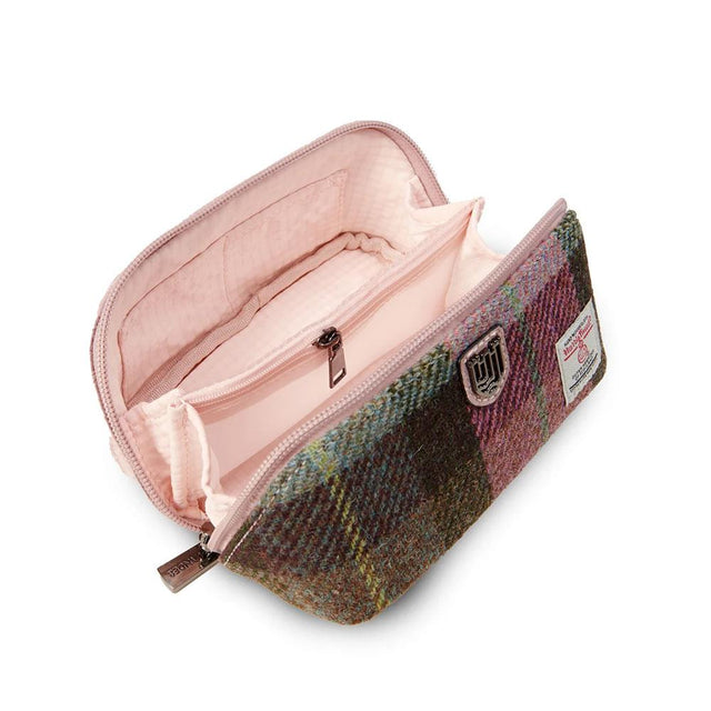 Harris Tweed Pink and Green Tartan Mini Wash Bag Open