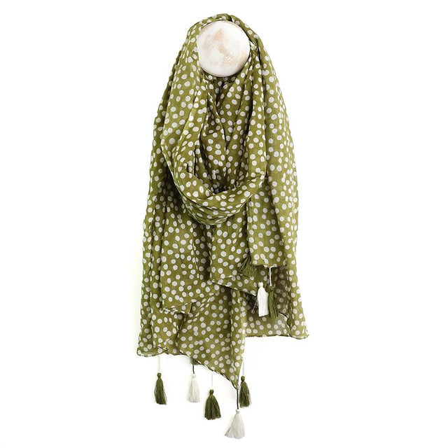 Olive Green Polka Dot Print Organic Cotton Scarf