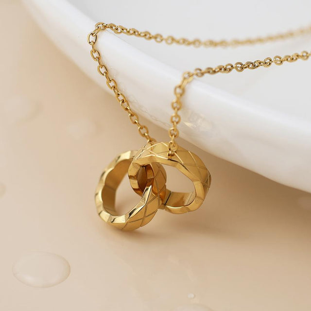 Gold Faceted Textured Double Ring Pendant Necklace