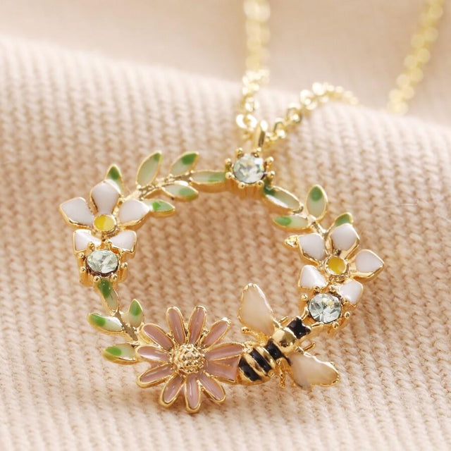 Crystal Flower and Enamel Bee Pendant Necklace in Gold